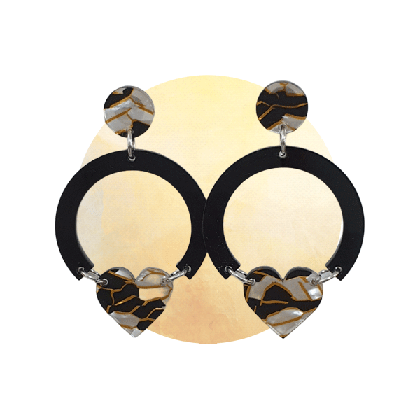 Pearl, gold and black arc heart earrings