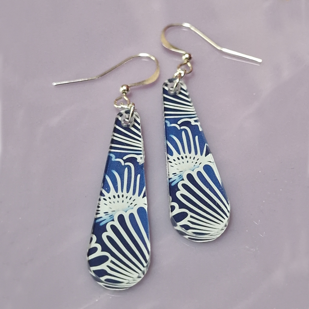 Blue & White Oriental Floral Teardrop Earrings