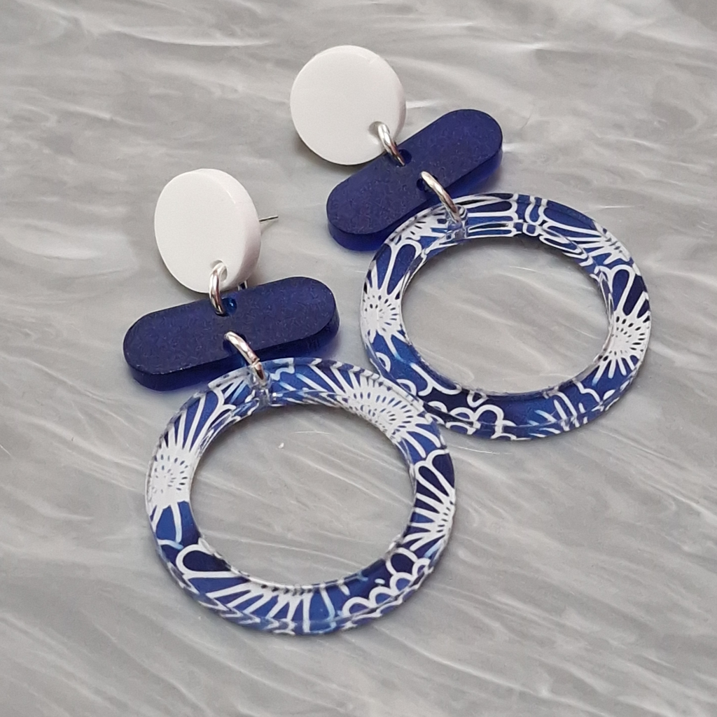 Blue and White Oriental Hoop Earring