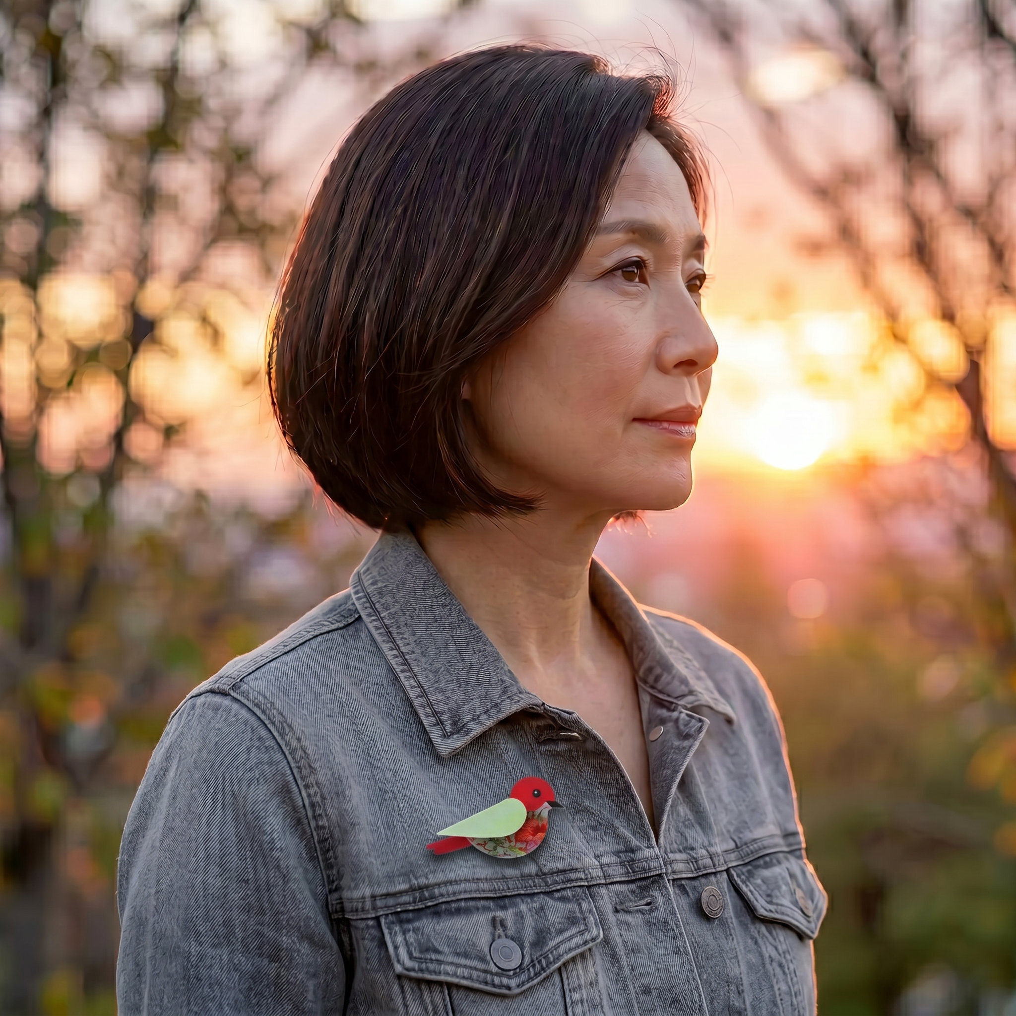 Red and Green Floral Bird Brooch