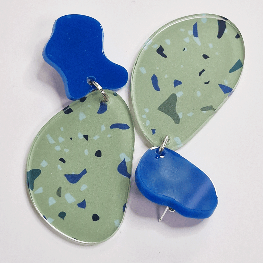 Green and Blue Large Terazzo pebble Dangly Earrings