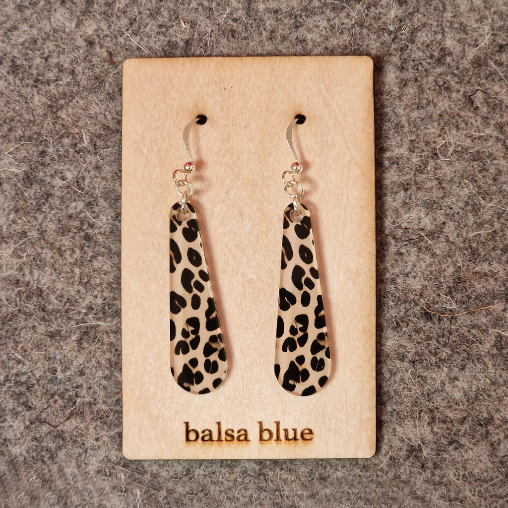 Beige, brown and black printed acrylic leopard print drop earrings with silver plated hook