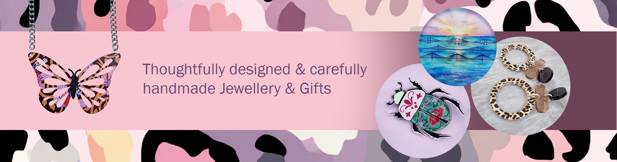 A decorative graphic with the text 'Thoughtfully designed, Carefully handmade, Beautifully unique' on a pink textured banner. A butterfly with a multicolor patterned wing appears in the upper left, and a beetle with floral and geometric patterns appears in the lower right on a pale lavender oval.