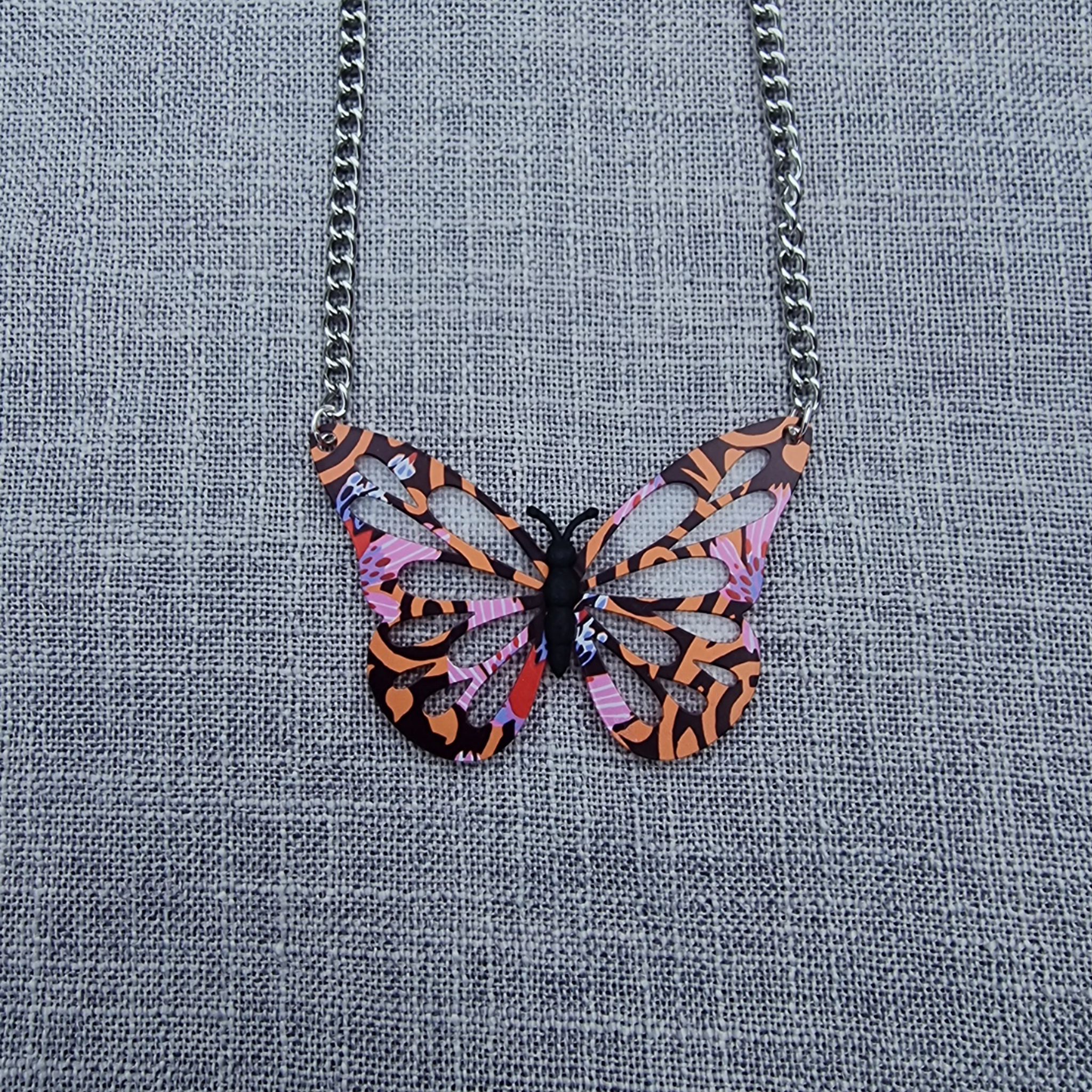 Orange and Pink 1925s textile inspired Butterfly Necklace
