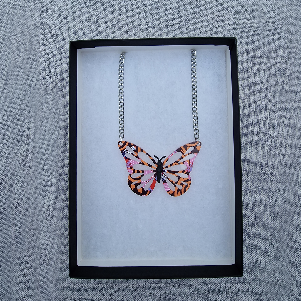 Orange and Pink 1925s textile inspired Butterfly Necklace