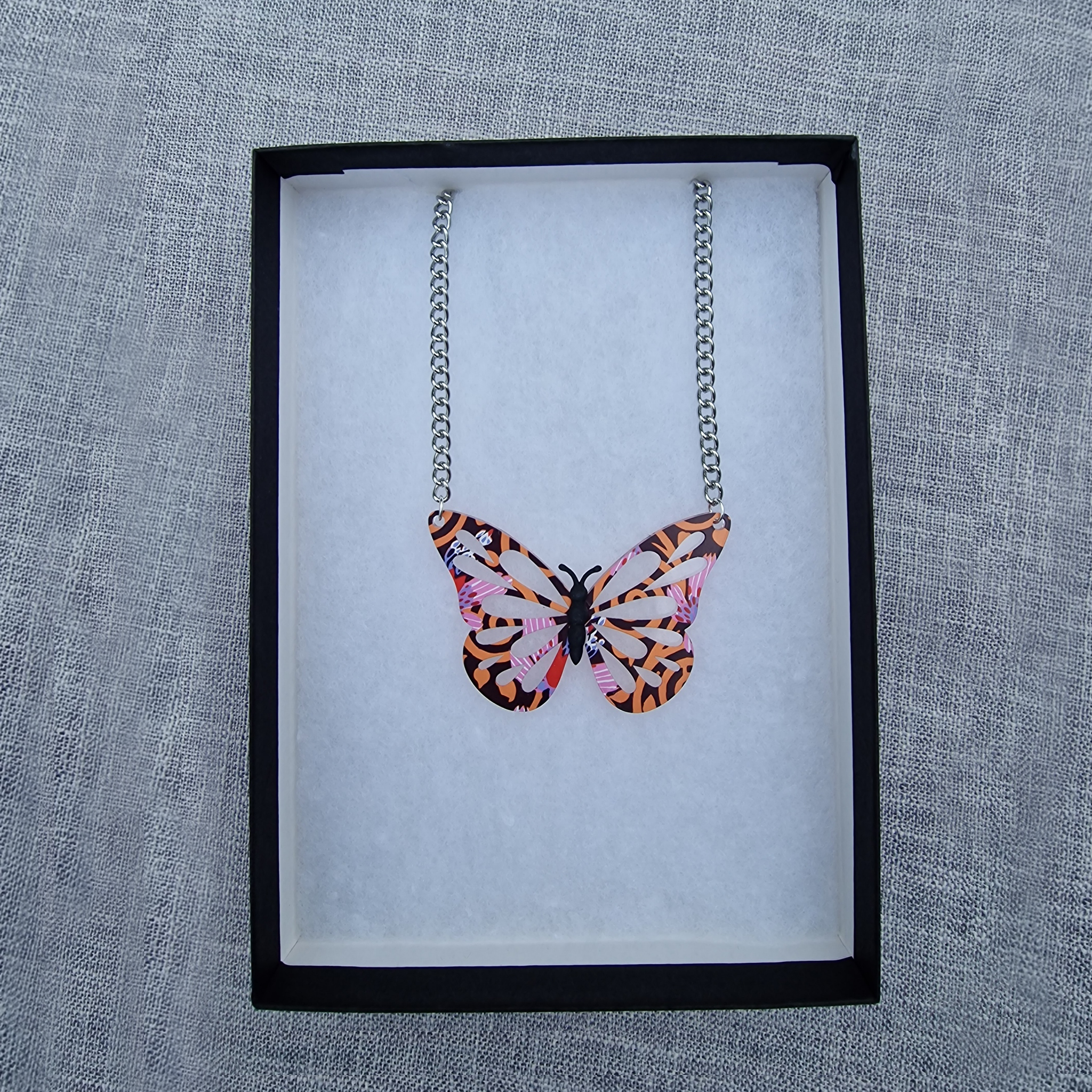 Orange and Pink 1925s textile inspired Butterfly Necklace
