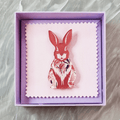Pink rabbit acrylic brooch with a vintage floral pattern, secure roll pin fastening and presented in a lilac gift box with cleaning cloth.