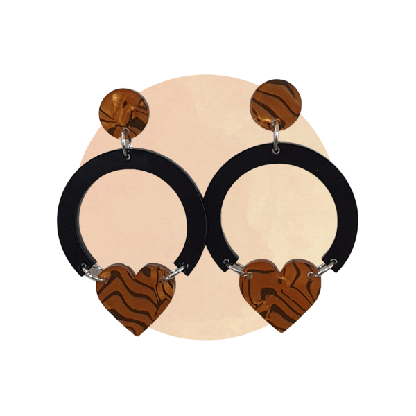 Tiger Print and black arc heart earrings