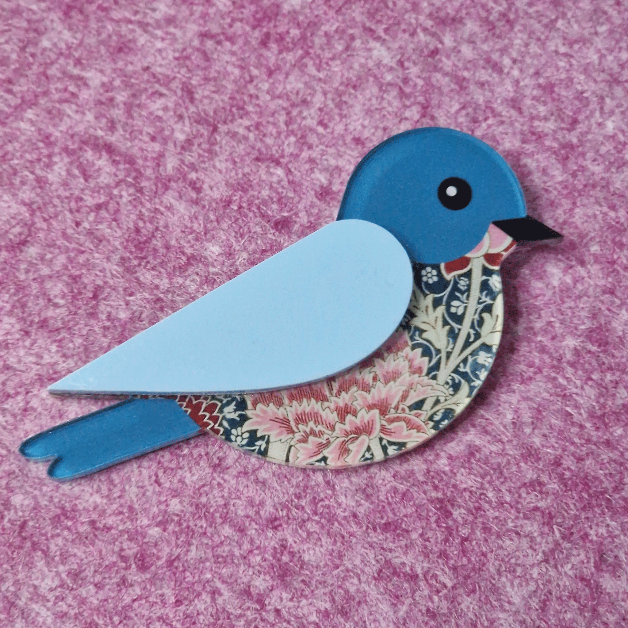 Blue and Pink Floral Bird Brooch