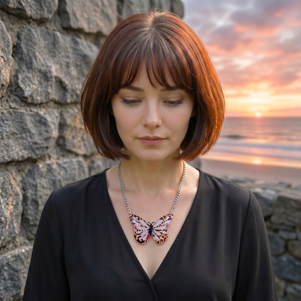 Orange and Pink 1925s textile inspired Butterfly Necklace