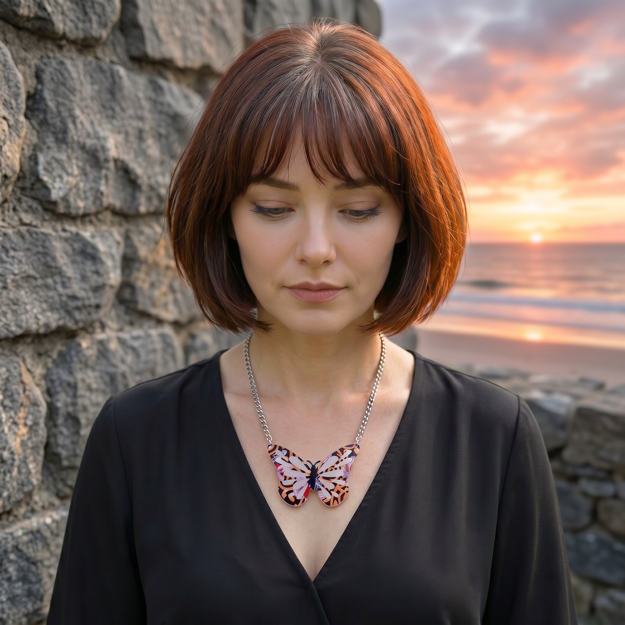 Orange and Pink 1925s textile inspired Butterfly Necklace