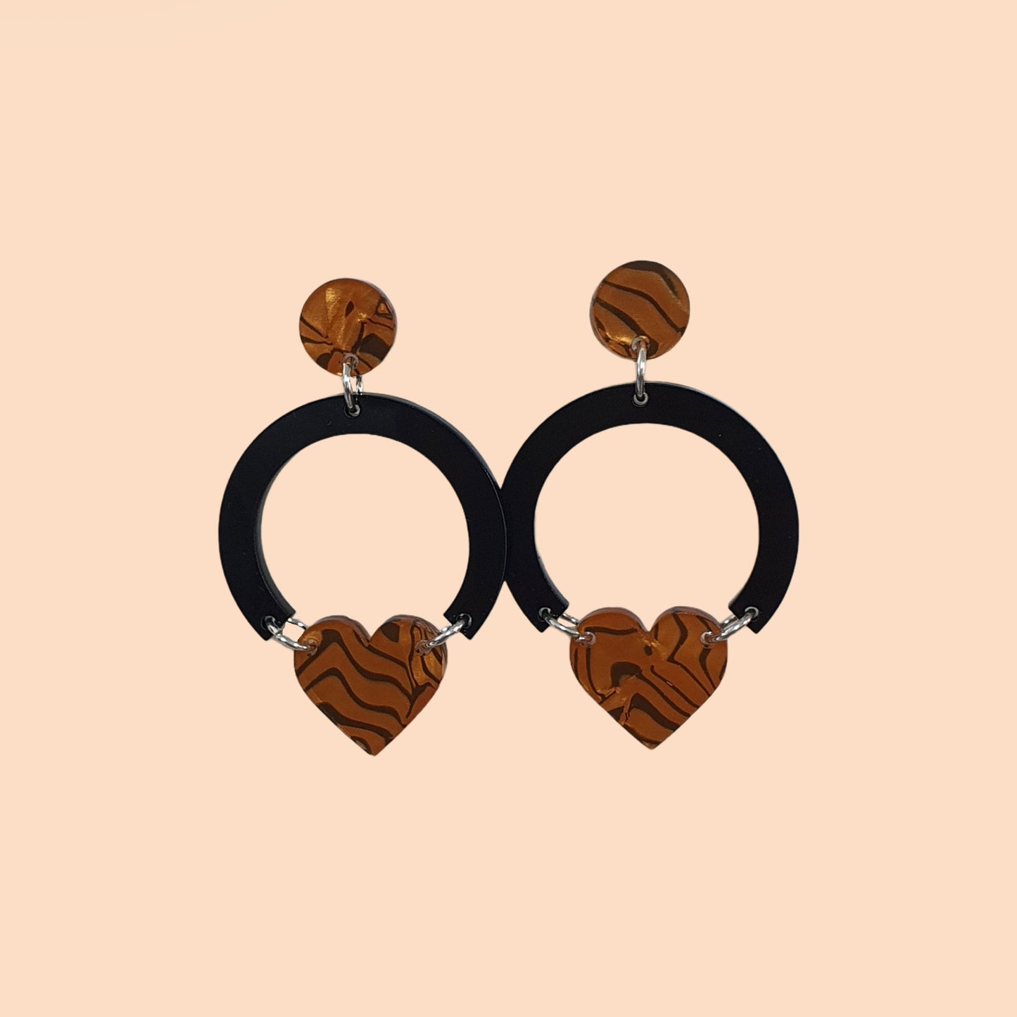 Tiger and black arc heart earrings